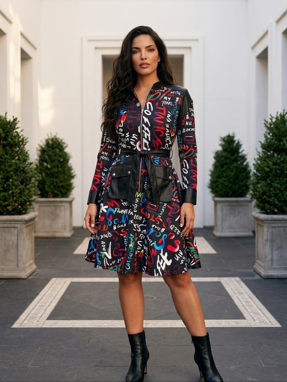 For Her" brand faux leather trim print dress jacket, vibrant, multi-color, M.